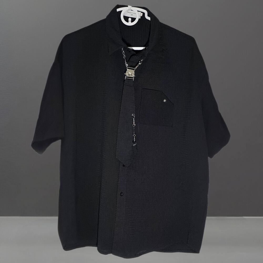 Men's Black Industrial Techwear Shirt with Metal Buckle Detail Size XL